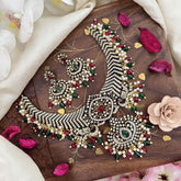 Premium Victorian Diamond Short Pendant Neckpiece-Red Green Beads-VV1457